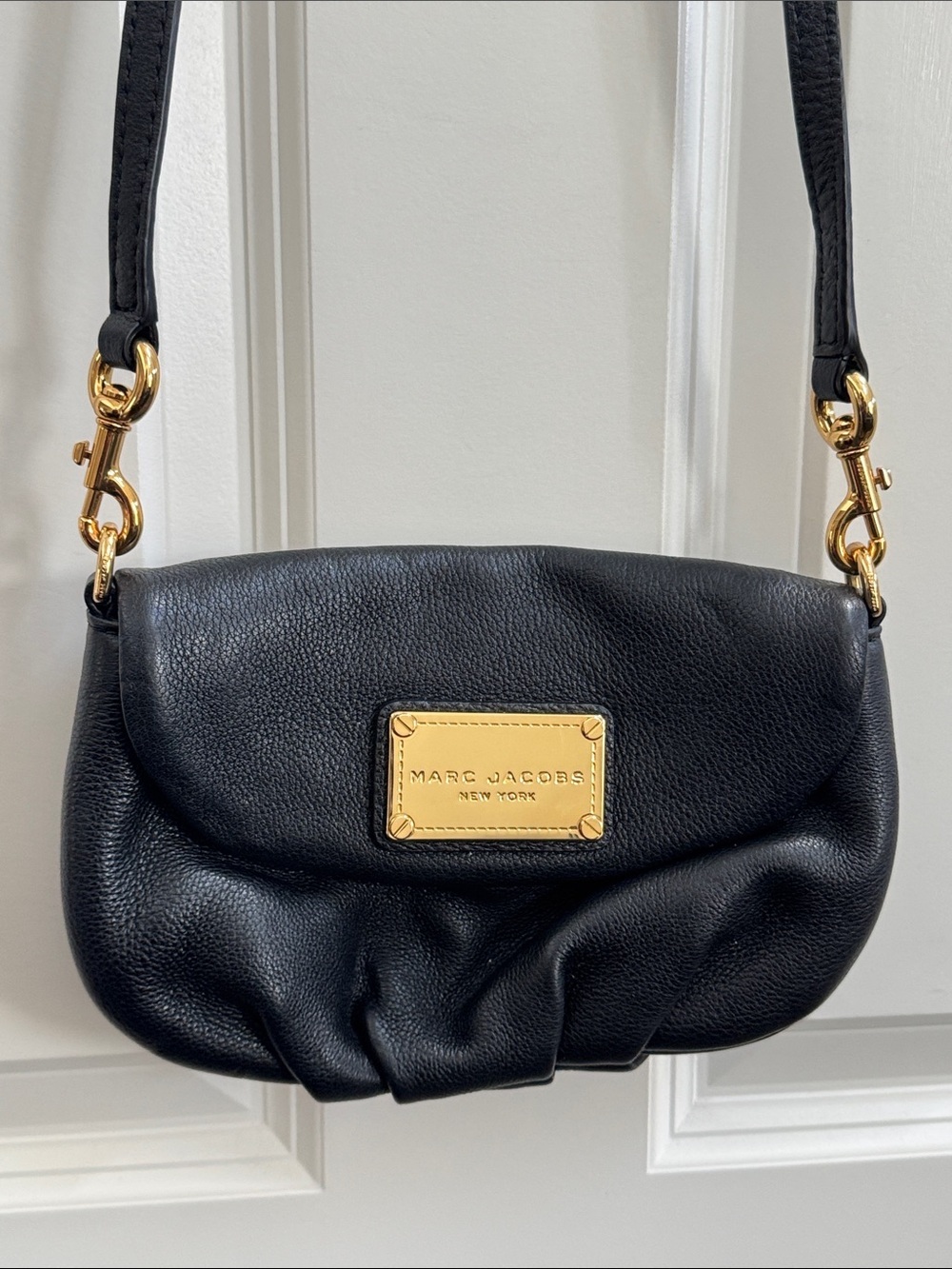 Marc Jacobs Black Pebbled Leather Crossbody with Gold Plaque and Hardware